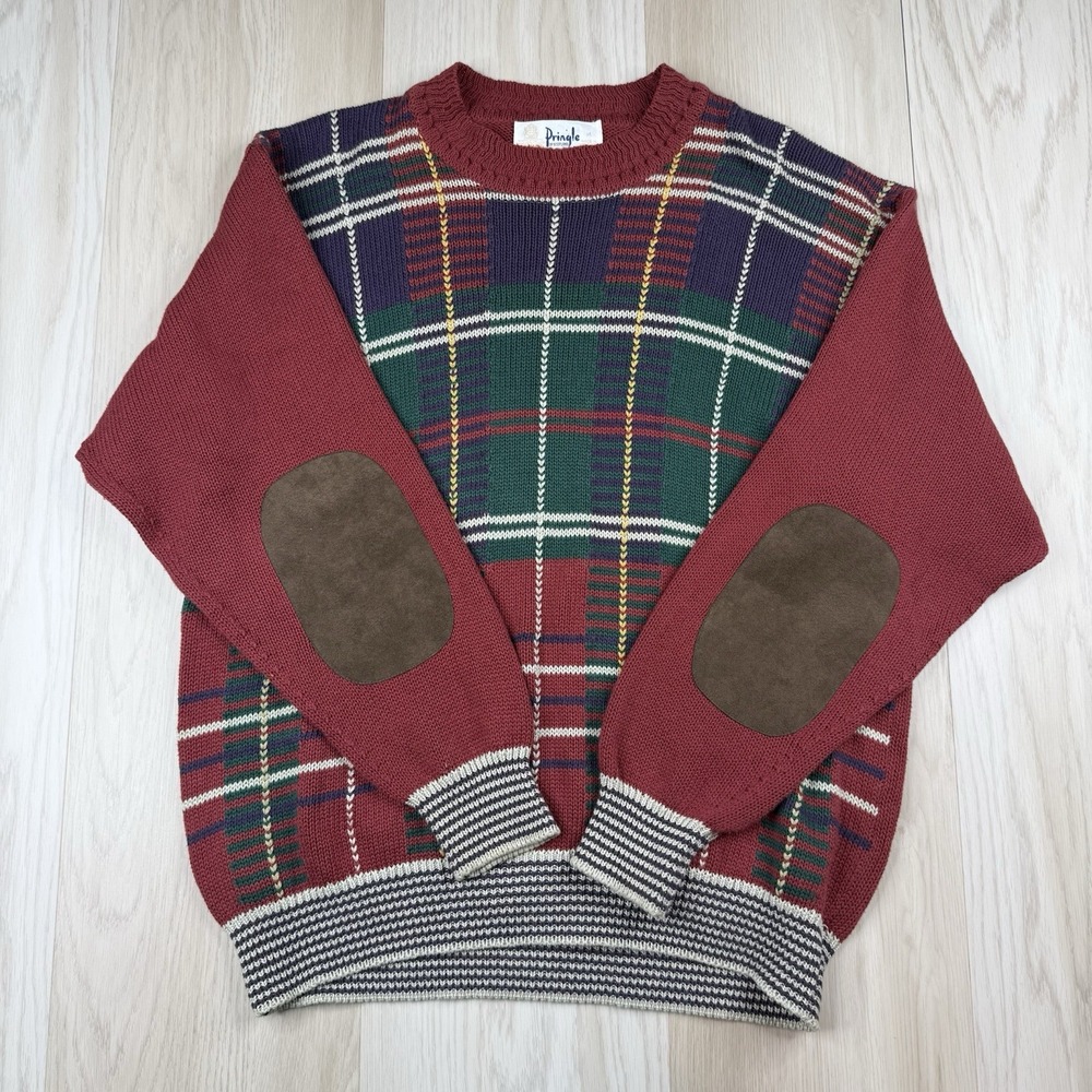 Pringle Of Scotland Cotton Crewneck Pullover Sweater Tartan Elbow Patch Medium